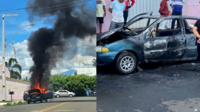 Carro pega fogo e fica totalmente destruído em Oeiras, no Piauí