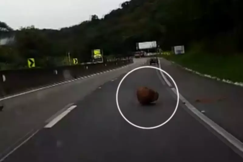 Pedra desliza de barranco e quase atinge carro na BR-277 em Morretes