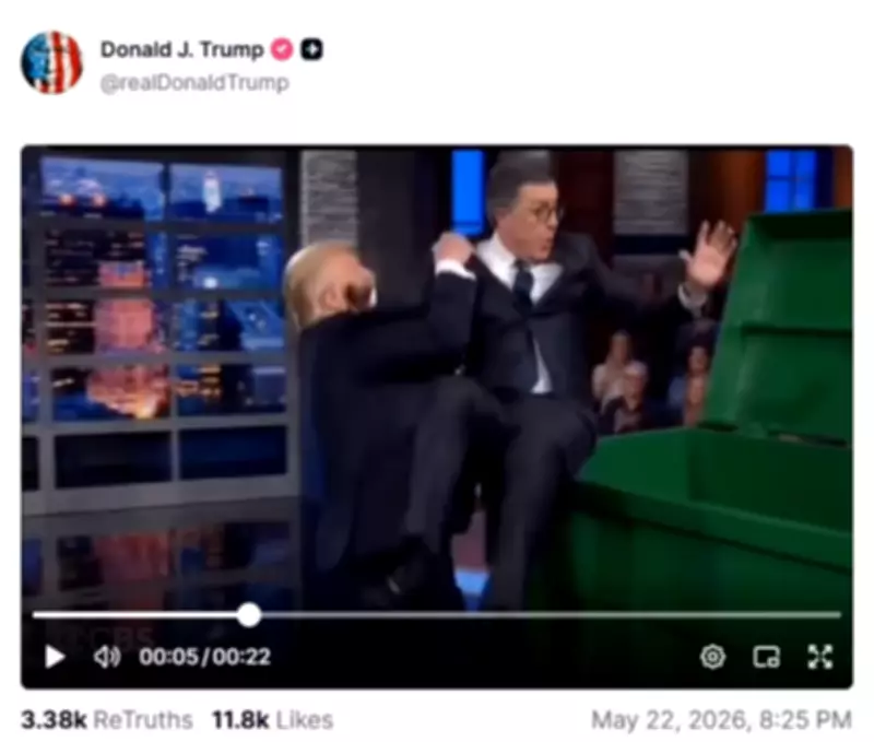 Trump publica vídeo com IA jogando Stephen Colbert no lixo