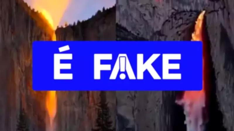 Vídeo de cachoeira com 'rio de fogo' ao pôr do sol é falso, gerado por IA