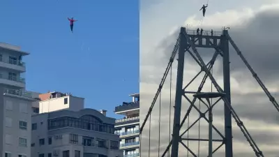 Atleta Rafael Bridi realiza highline na Ponte Hercílio Luz em Florianópolis