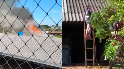 Incêndio destrói casa em Cascavel e vizinho resgata moradora pelo telhado