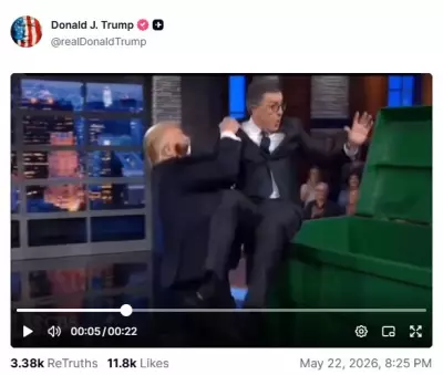 Trump publica vídeo com IA jogando Stephen Colbert no lixo