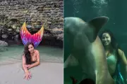 Bióloga vira sereia em aquário e viraliza ao nadar com tubarões