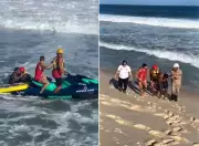 Guarda-vidas sustentam surfista ferido por 2h30 em mar agitado em Maricá
