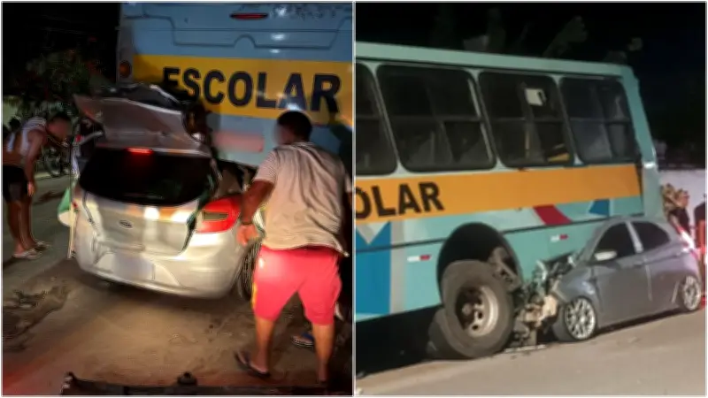 Acidente em Aracati: carro fica prensado sob ônibus escolar estacionado