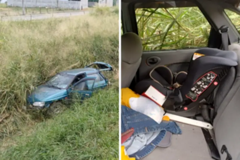 Bebê de 1 ano e meio escapa ileso após carro cair em barranco na Via Dutra