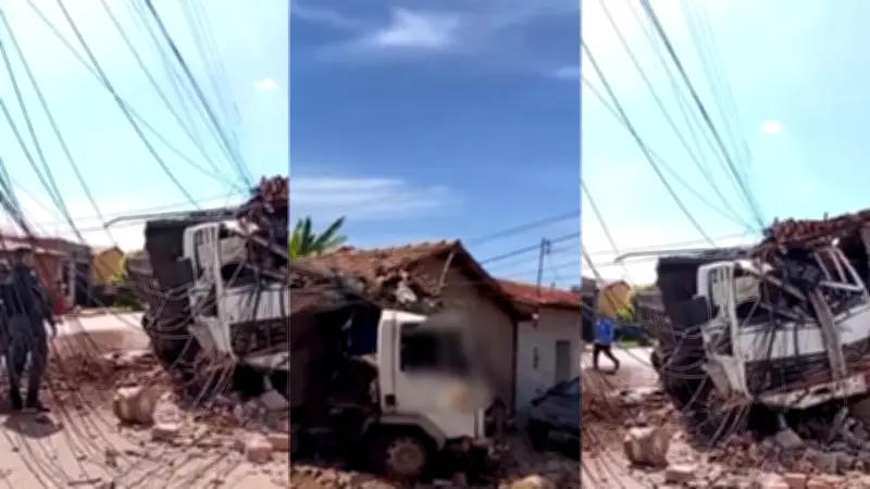 Caçamba derruba lateral de casa e destrói poste em Imperatriz