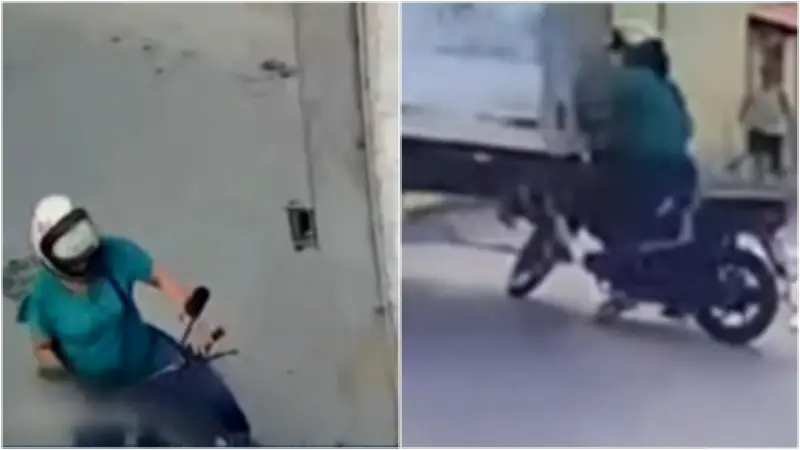 Caminhão em marcha à ré arrasta moto e quase atropela mulher no Ceará