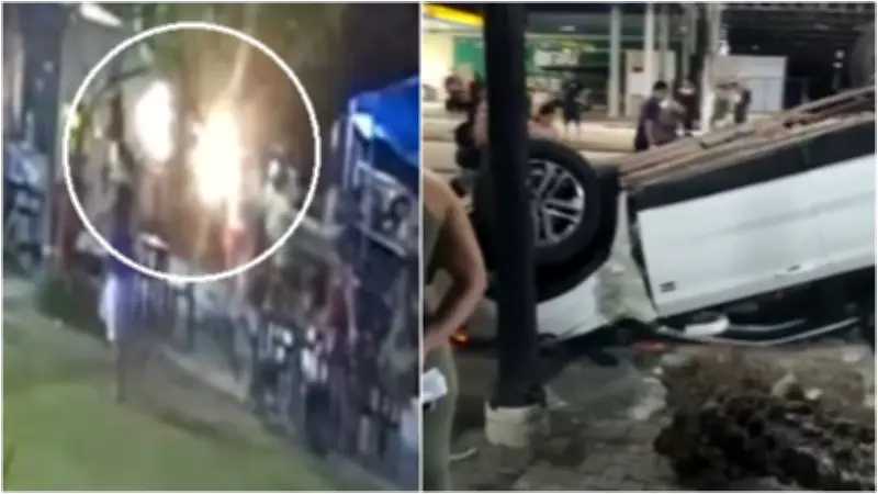 Caminhonete capota e derruba palmeira em praça de Maracanaú