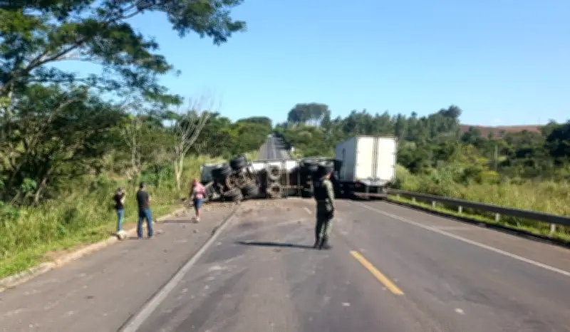 Carreta com 48 toneladas de feijão tomba na SP-425 em Parapuã