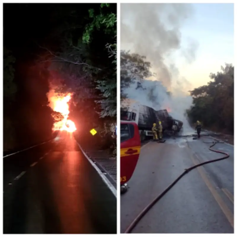 Carreta-tanque colide e pega fogo na BR-251; motorista morre carbonizado