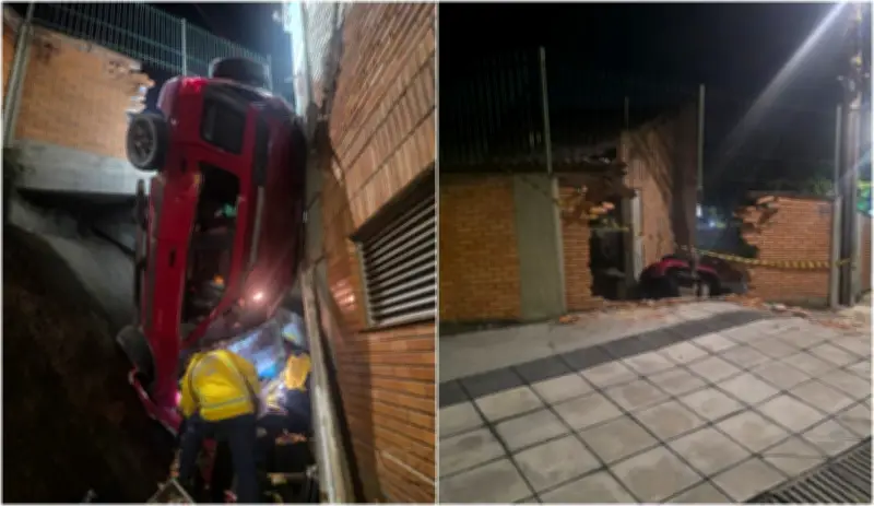 Carro bate em muro e fica suspenso em São José (SC); motorista ferido