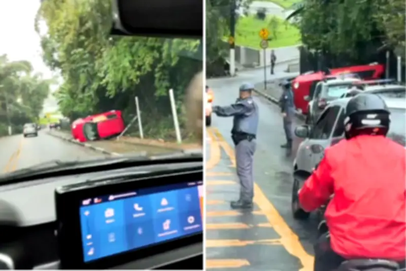 Carro capota em morro de Santos e motorista providencia guincho