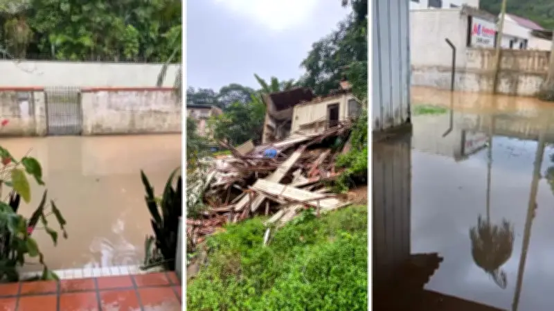 Chuvas em SC: casa desaba, ruas alagam e cachoeiras transbordam