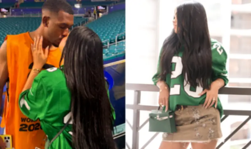 Esposa de Rayan usa blusa de futebol americano e comemora com beijão