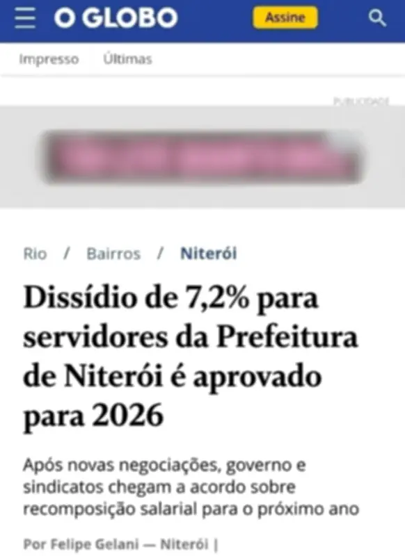 É falsa reportagem do GLOBO-Niterói sobre dissídio de 7,2% para servidores em 2026