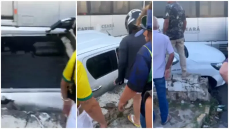 Hilux colide com VLT em Juazeiro do Norte e fica imprensada em mureta