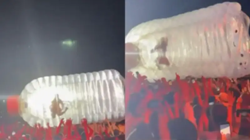 Katy Perry 'surfa' sobre multidão em garrafa gigante na Espanha