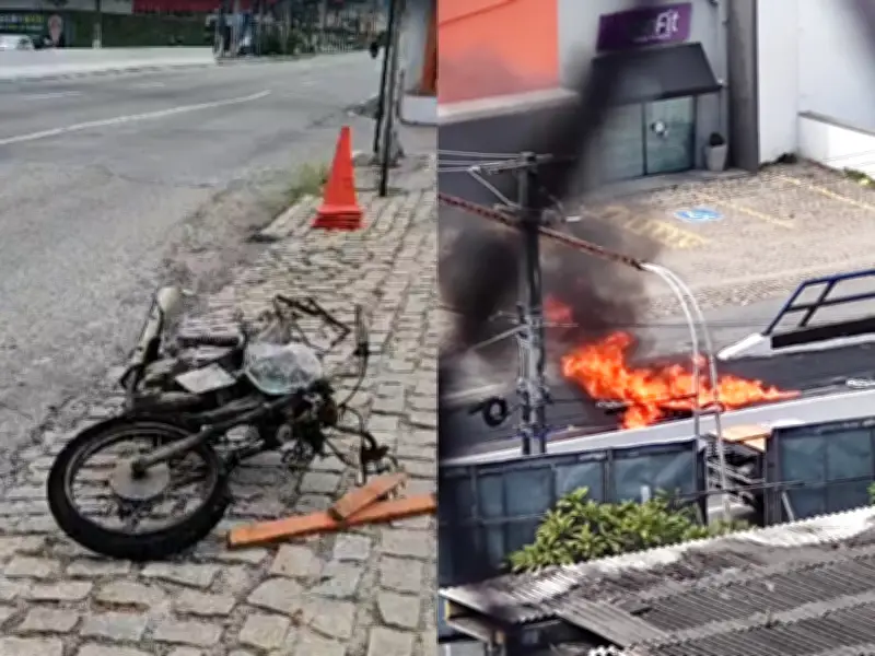 Moto pega fogo em acidente na Av. Salgado Filho; motorista foge