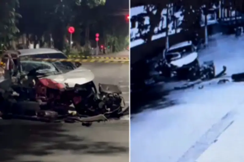 Motorista bate em poste e abandona carro destruído em Santos