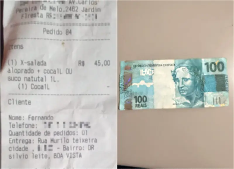 Nota falsa de R$ 100 é usada em delivery e polícia apreende em Boa Vista