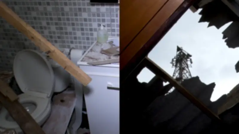 Peça de torre de telefonia cai e destrói banheiro em Foz do Iguaçu