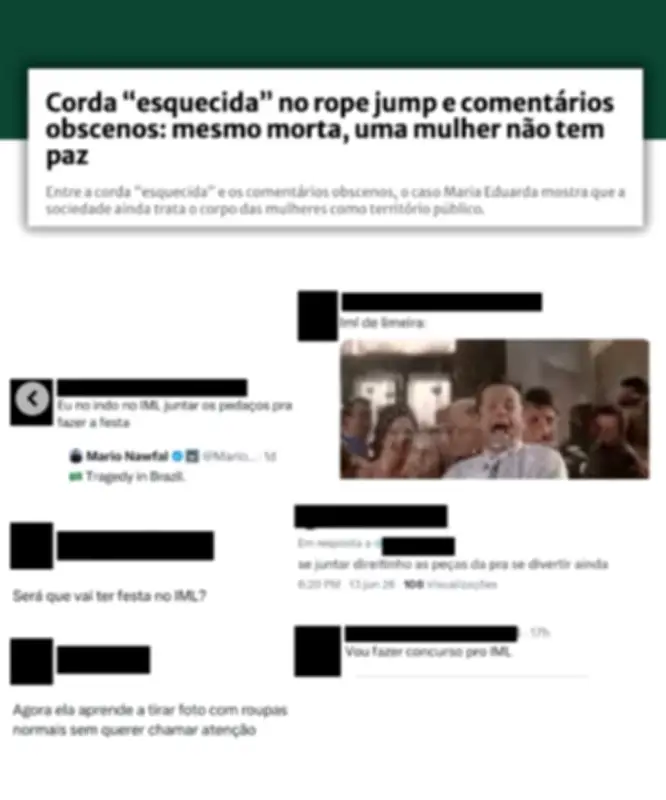 Perfis com ataques misóginos a jovem morta em rope jump saem do ar