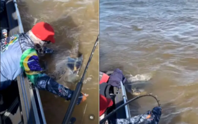 Pescador fisga tartaruga gigante no Rio Araguaia em Aruanã