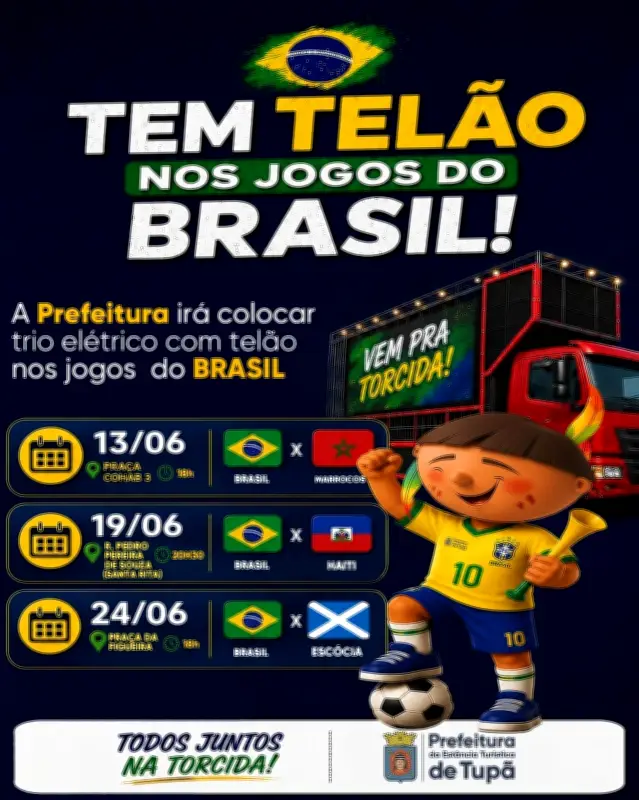 Prefeitura de Tupã transmite jogos da Seleção em telão pela cidade
