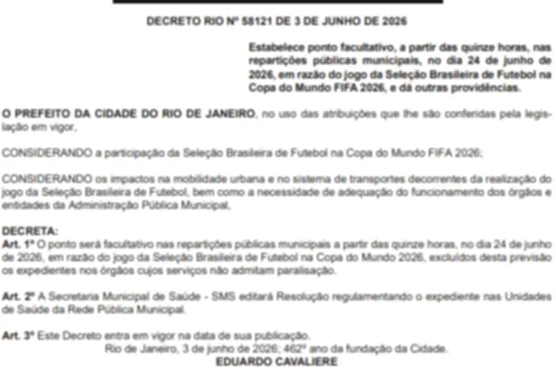 Rio de Janeiro decreta ponto facultativo em dia de jogo do Brasil na Copa