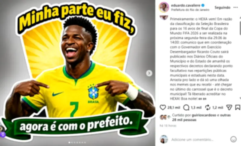 Rio de Janeiro decreta ponto facultativo na segunda por jogo do Brasil na Copa 2026