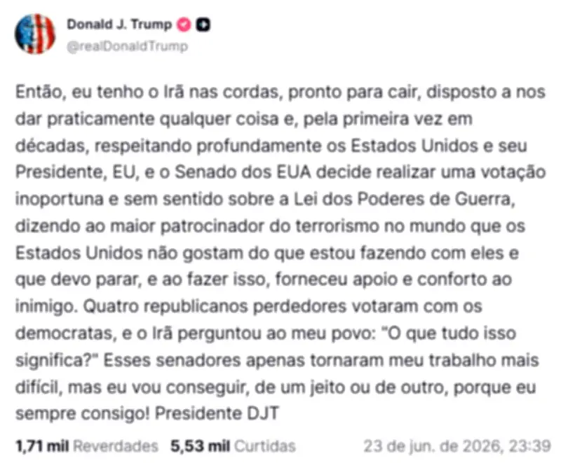 Senado dos EUA aprova resolução que limita ataques de Trump ao Irã