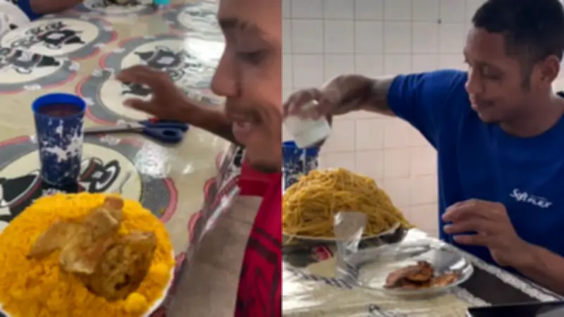 Trabalhador viraliza com pratos gigantes de macarrão e cuscuz em refeitório