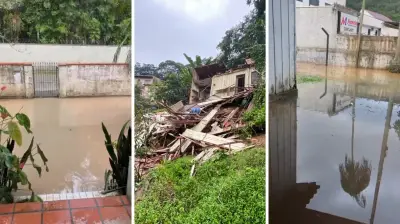 Chuvas em SC: casa desaba, ruas alagam e cachoeiras transbordam