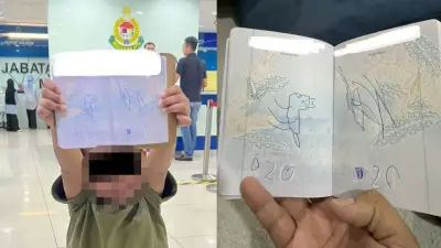 Filho desenha dinossauro em passaporte e cancela viagem da mãe na Malásia