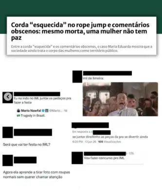 Perfis com ataques misóginos a jovem morta em rope jump saem do ar