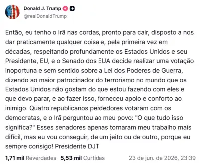 Senado dos EUA aprova resolução que limita ataques de Trump ao Irã