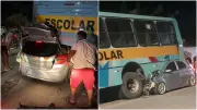 Acidente em Aracati: carro fica prensado sob ônibus escolar estacionado