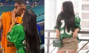 Esposa de Rayan usa blusa de futebol americano e comemora com beijão