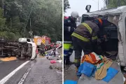 Motorista de 25 anos fica ferido após capotar caminhão na Tamoios