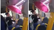 Passageira usa guarda-chuva dentro de ônibus sem janelas em Araçariguama