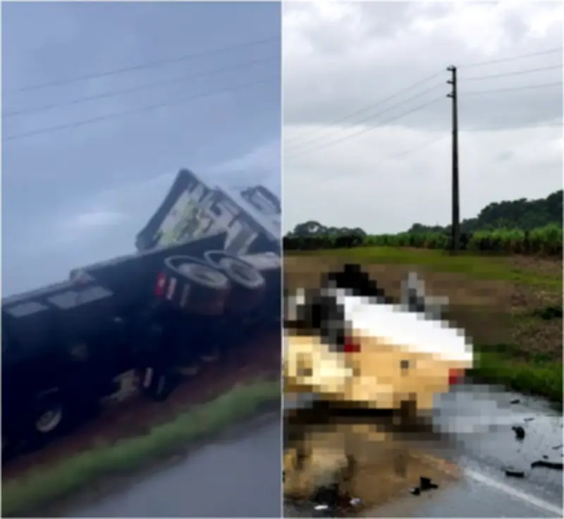 Acidente entre caminhão e carro parte veículo ao meio e mata 5 em SC