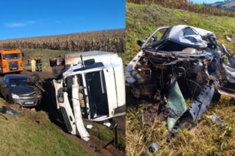 Acidente entre dois carros e caminhão mata um e fere dois no PR