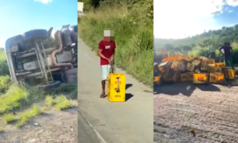 Caminhão com cerveja tomba na BR-101 e carga é saqueada na Bahia