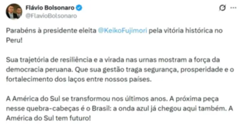 Flávio Bolsonaro parabeniza Keiko Fujimori por vitória no Peru e cita 'onda azul' no Brasil