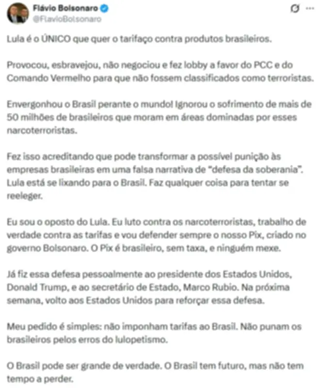 Flávio Bolsonaro rebate Lula sobre tarifaço dos EUA e critica presidente