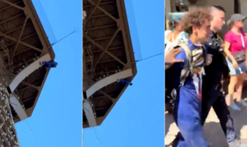 Homem escala Torre Eiffel, pendura bandeira dos EUA e é preso