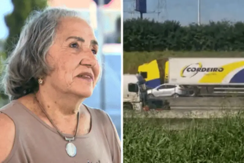 Idosa de 83 anos tem carro arrastado por carreta na Dutra e reza terço