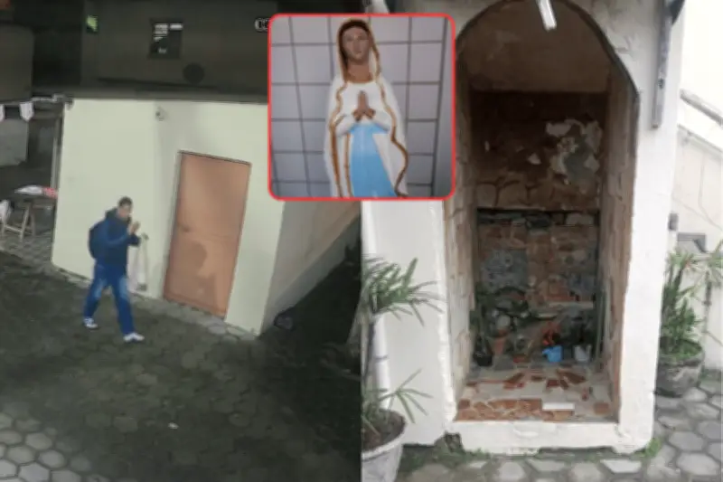 Ladrão faz sinal da cruz após furtar imagem de Nossa Senhora em Praia Grande